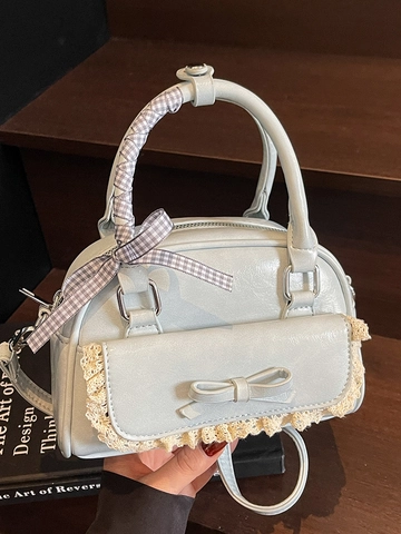 Sac à Bandoulière en Cuir PU avec Nœud et Dentelle pour Femmes Style Coréen Doux Sac Boston avec Poignée en Ruban Écossais