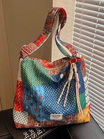 Ethno Patchwork Tragetasche Für Damen Große Bohemisch Segeltuch Umhängetasche Literarisch Lässig Vintage Mehrfarbig