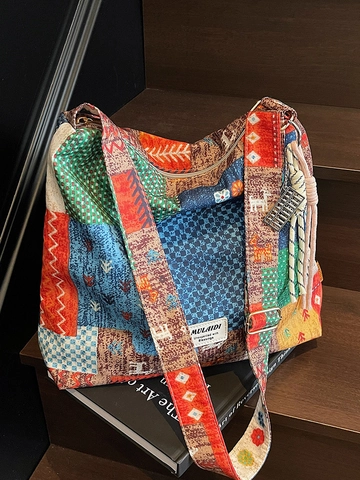 Ethno Patchwork Tragetasche Für Damen Große Bohemisch Segeltuch Umhängetasche Literarisch Lässig Vintage Mehrfarbig