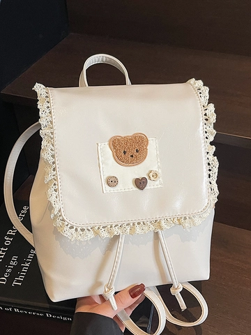 Dolce Mini Zaino in Pelle PU per Donna Carino Orso Bordo in Pizzo Stile Preppy Zaino da Scuola Borsa da Viaggio Casual Piccolo Zainetto