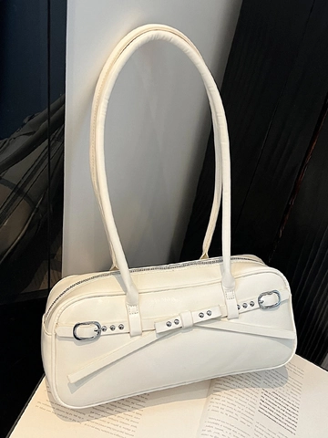 Women Vintage PU Leather Underarm Bag Fashion Bow Knot Rivet Shoulder Bag Commuter Bowling Purse Niche Design Handbag