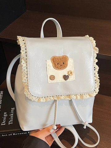 Dolce Mini Zaino in Pelle PU per Donna Carino Orso Bordo in Pizzo Stile Preppy Zaino da Scuola Borsa da Viaggio Casual Piccolo Zainetto