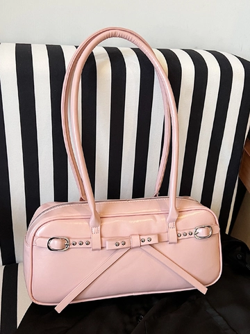 Women Vintage PU Leather Underarm Bag Fashion Bow Knot Rivet Shoulder Bag Commuter Bowling Purse Niche Design Handbag
