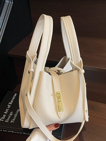 Women Lychee Grain PU Leather Bucket Bag Minimalist Solid Handbag With Inner Pouch Gold Lock Adjustable Strap Commuter Tote