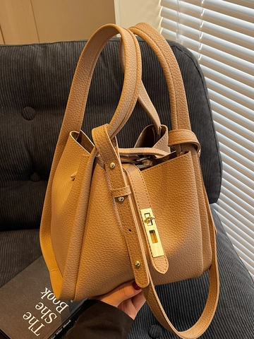 Women Lychee Grain PU Leather Bucket Bag Minimalist Solid Handbag With Inner Pouch Gold Lock Adjustable Strap Commuter Tote