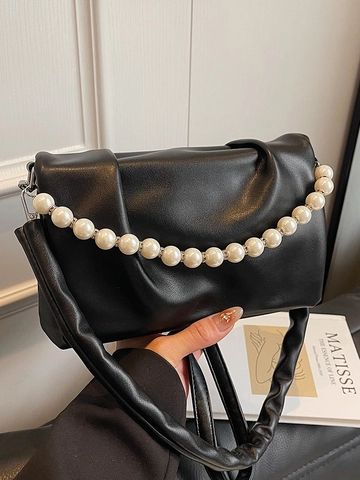 French Vintage Pleated Crossbody Bag Elegant Artificial Pearl Chain Small Square Shoulder Bag PU Leather Fashion Handbag For Women Daily Matching