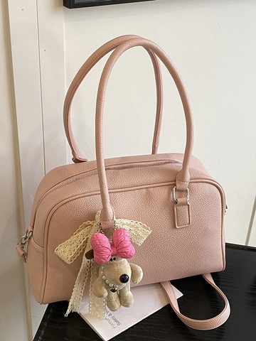 Women Urban Simple PU Boston Bag Large Capacity Solid Color Handbag Commuter Crossbody Bag With Lace Bow And Plush Charm