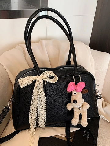 Women Urban Simple PU Boston Bag Large Capacity Solid Color Handbag Commuter Crossbody Bag With Lace Bow And Plush Charm