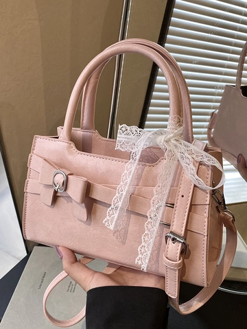 Borsa a Mano Donna French Vintage con Fiocco in Pelle PU Piccola Borsa a Tracolla Quadrata con Nastro in Pizzo Elegante Borsa da Lavoro