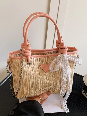 Women Straw Woven Bucket Bag PU Patchwork Lace Bow Handbag Elegant Summer Beach Crossbody Bag With Metal Chain Shoulder Strap