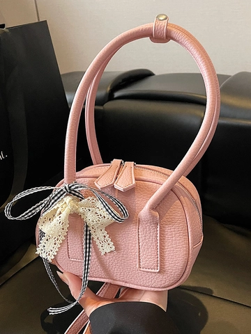 Women Minimalist PU Leather Bowling Handbag With Lace Bow Checkered Ribbon Balletcore Crossbody Bag Small Shoulder Bag Top Handle Bag