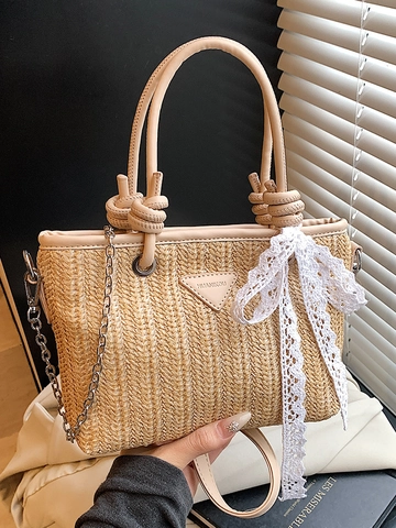 Women Straw Woven Bucket Bag PU Patchwork Lace Bow Handbag Elegant Summer Beach Crossbody Bag With Metal Chain Shoulder Strap