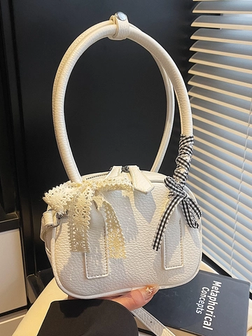 Women Minimalist PU Leather Bowling Handbag With Lace Bow Checkered Ribbon Balletcore Crossbody Bag Small Shoulder Bag Top Handle Bag