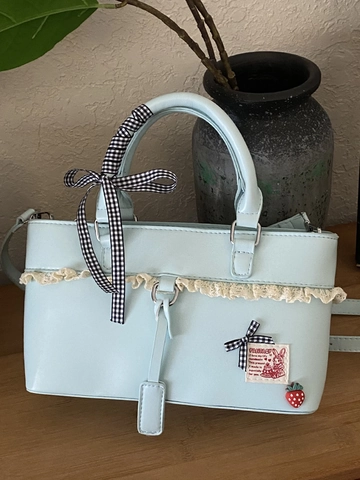 Borsa a Tracolla da Donna in Pelle PU Dolce 2025 Alla Moda Con Finiture in Pizzo Fiocco Gingham Patch Coniglio Ciondolo Fragola