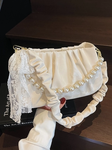 Bolso de Axila Plisado Dulce de Nicho Francés Para Mujer Cadena de Perlas Artificiales Lazo de Encaje Bolso Bandolera de PU Viaje Diario