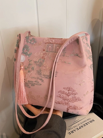 Neo-Chinesischer Stil Bestickte Tote Bag Retro Landschaftsmuster Satin Schultertasche Mit Quaste Elegante Damen Pendler Handtasche