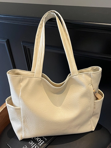 Minimalist PU Leather Tote Bag For Women Large Capacity Shoulder Bag Urban Commute Handbag With Side Pockets Solid Color Soft Bag