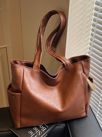 Minimalist PU Leather Tote Bag For Women Large Capacity Shoulder Bag Urban Commute Handbag With Side Pockets Solid Color Soft Bag