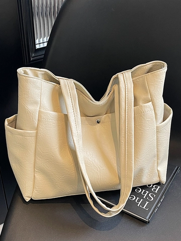 French Minimalist Large Capacity Soft PU Leather Tote Bag For Women Casual Commuting Shoulder Bag With Crinkled Texture