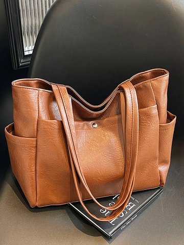 French Minimalist Large Capacity Soft PU Leather Tote Bag For Women Casual Commuting Shoulder Bag With Crinkled Texture
