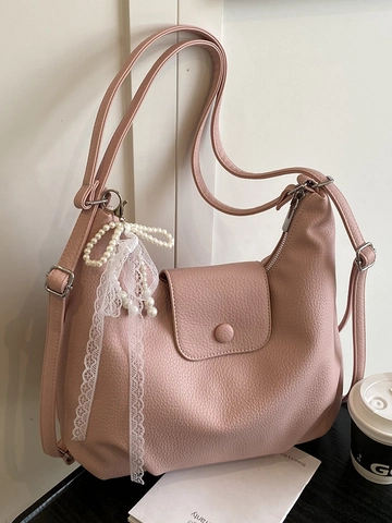 Women Large Capacity PU Leather Shoulder Bag Litchi Texture Korean Style Hobo Tote Bag With Artificial Pearl Lace Bow Pendant