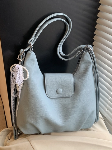 Women Large Capacity PU Leather Shoulder Bag Litchi Texture Korean Style Hobo Tote Bag With Artificial Pearl Lace Bow Pendant