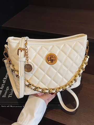 Trendige Damen Gesteppte Rauten Eimertasche Schicke PU Leder Umhängetasche Mit Goldener Kette Verschluss Abendtasche