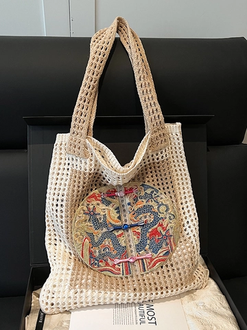 Borsa Tote Intrecciata in Stile Nuovo Cinese per Donna Ricamo a Drago Traforata All'uncinetto Borsa a Tracolla Grande Capacità Borsa alla Moda Casual