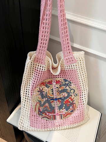 Borsa Tote Intrecciata in Stile Nuovo Cinese per Donna Ricamo a Drago Traforata All'uncinetto Borsa a Tracolla Grande Capacità Borsa alla Moda Casual