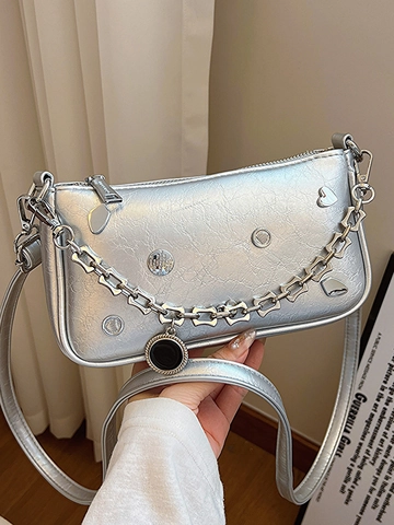 Damen Metallic PU Unterarmtasche Y2K Kette Umhängetasche Herz Strass Punk Stil Baguette Schultertasche Für Alltag Party