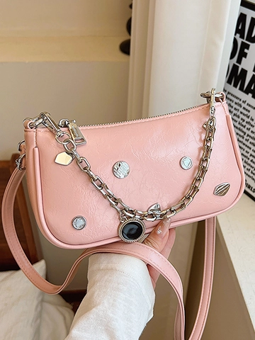 Damen Metallic PU Unterarmtasche Y2K Kette Umhängetasche Herz Strass Punk Stil Baguette Schultertasche Für Alltag Party