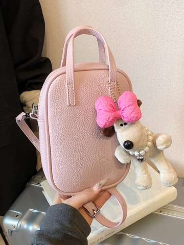 Women Mini Bowling Bag Litchi Grain PU Leather Crossbody Bag With Cute Dog Pendant Fashion Retro Handbag Shoulder Bag
