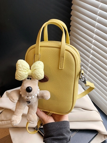 Women Mini Bowling Bag Litchi Grain PU Leather Crossbody Bag With Cute Dog Pendant Fashion Retro Handbag Shoulder Bag