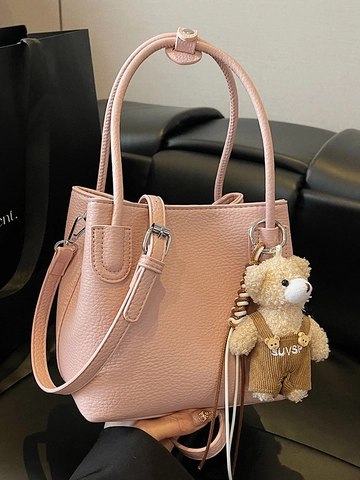 Women Solid Color PU Leather Bucket Bag Top Handle Crossbody Purse With Plush Bear Charm Daily Fashion Handbag