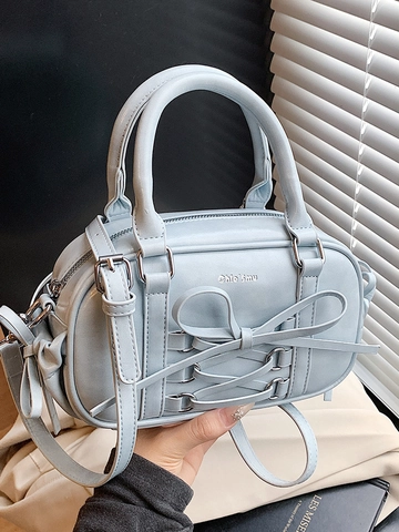 Women's Balletcore Lace-up Boston Bag Fashion Bow Crossbody Handbag Niche Simple Versatile Solid Color PU Leather Small Pillow Bag