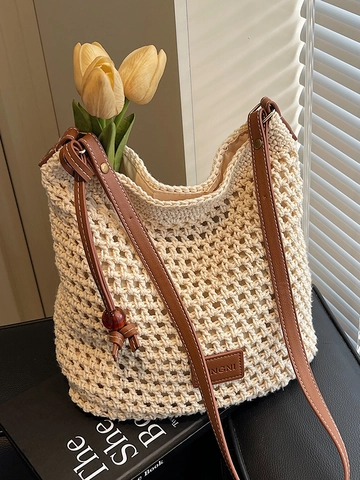 Sac Bandoulière Décontracté Tricoté Tissé pour Femmes Sac Cabas Crocheté Ajouré Avec Bandoulière en Cuir Léger pour Vacances