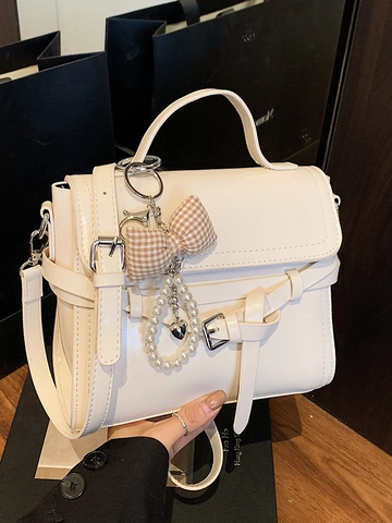 Borsa a Tracolla da Donna Francese Minimalista in Pelle PU Piccola Borsa Quadrata Con Fiocco Perla Artificiale Moda Borsa a Spalla Quotidiana