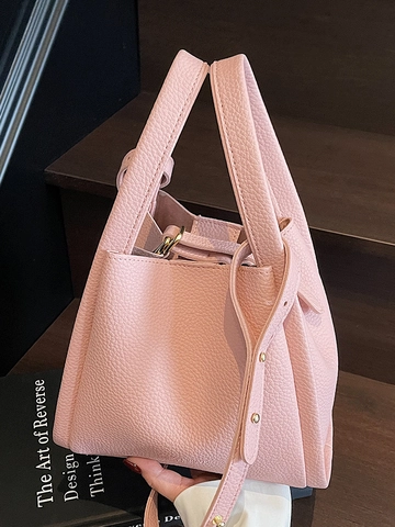 Korean Minimalist PU Leather Lychee Texture Bucket Bag For Women Top Handle Shoulder Bag With Inner Pouch Crossbody Bag