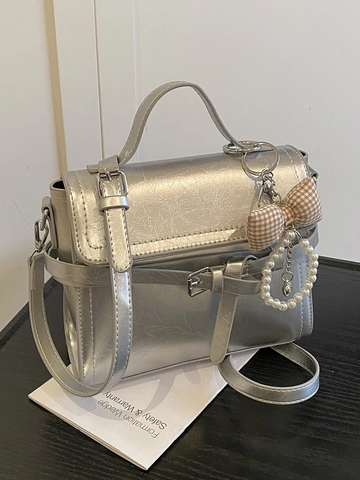 Borsa a Tracolla da Donna Francese Minimalista in Pelle PU Piccola Borsa Quadrata Con Fiocco Perla Artificiale Moda Borsa a Spalla Quotidiana