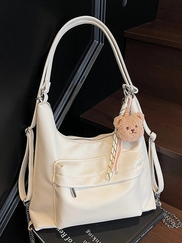 Women Large Capacity Soft PU Leather Shoulder Tote Bag With Bear Pendant Minimalist Solid Color Lychee Texture Hobo Bag