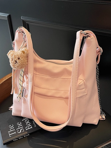 Women Large Capacity Soft PU Leather Shoulder Tote Bag With Bear Pendant Minimalist Solid Color Lychee Texture Hobo Bag