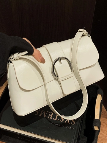 Retro Minimalistische Damen PU Leder Unterarm Schultertasche Mit Großer Silberner Runder Schnalle Mode Pendeln Einfarbige Handtasche