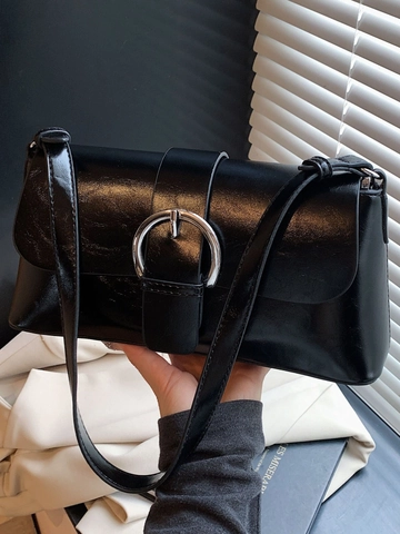 Retro Minimalistische Damen PU Leder Unterarm Schultertasche Mit Großer Silberner Runder Schnalle Mode Pendeln Einfarbige Handtasche