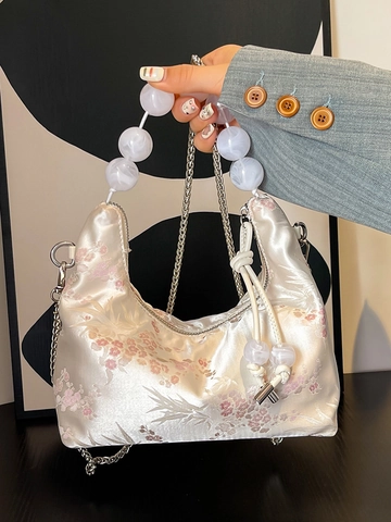New Chinese Style Embroidered Satin Hobo Bag For Women Beaded Handle Plum Blossom Pattern Chain Crossbody Shoulder Bag