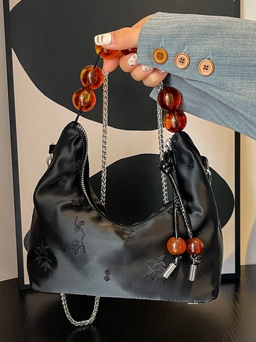 New Chinese Style Embroidered Satin Hobo Bag For Women Beaded Handle Plum Blossom Pattern Chain Crossbody Shoulder Bag