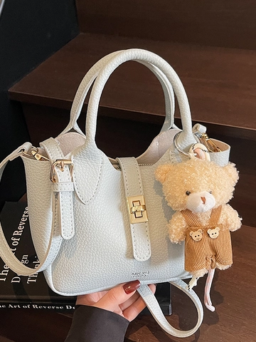 Sac Seau pour Femmes en Cuir PU Motif Lychee Sac à Main Bandoulière Minimaliste Avec Ours en Peluche Sac Urbain Quotidien