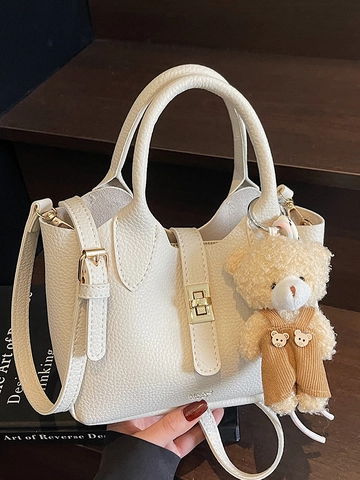 Sac Seau pour Femmes en Cuir PU Motif Lychee Sac à Main Bandoulière Minimaliste Avec Ours en Peluche Sac Urbain Quotidien