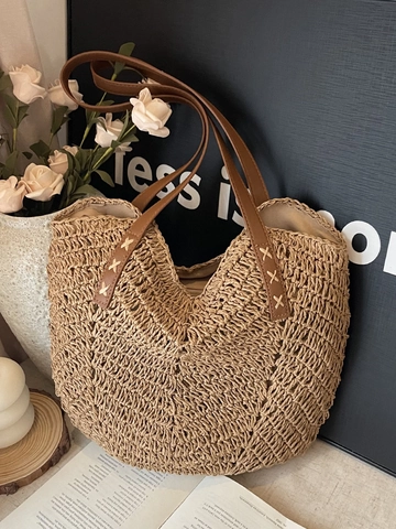 Borsa Tote Casual in Paglia per Donna Grande Capacità Intrecciata a Mano Borsa a Tracolla Spiaggia Con Cinturino in Pelle PU