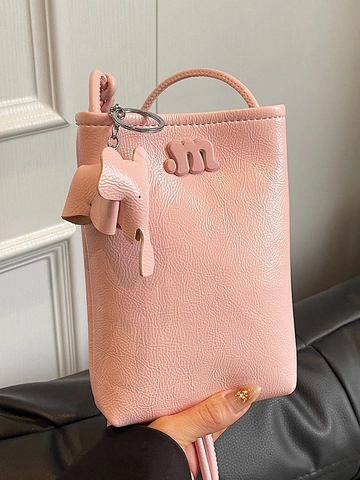 Women Fashion Mini Crossbody Phone Bag PU Leather Solid Color Vertical Small Square Purse With Elephant Charm Letter Decor