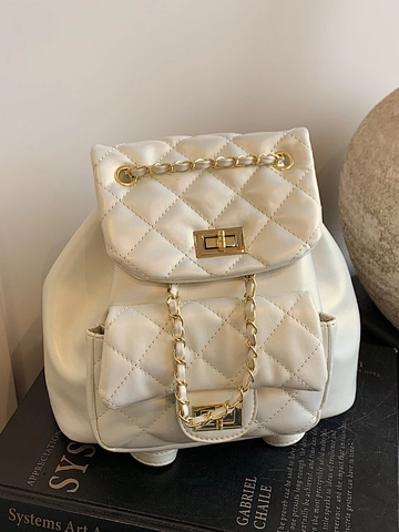 Mochila Acolchada Elegante para Mujer Cuero PU con Cadena Patrón de Diamante Mochila Pequeña de Moda para Viaje Diario